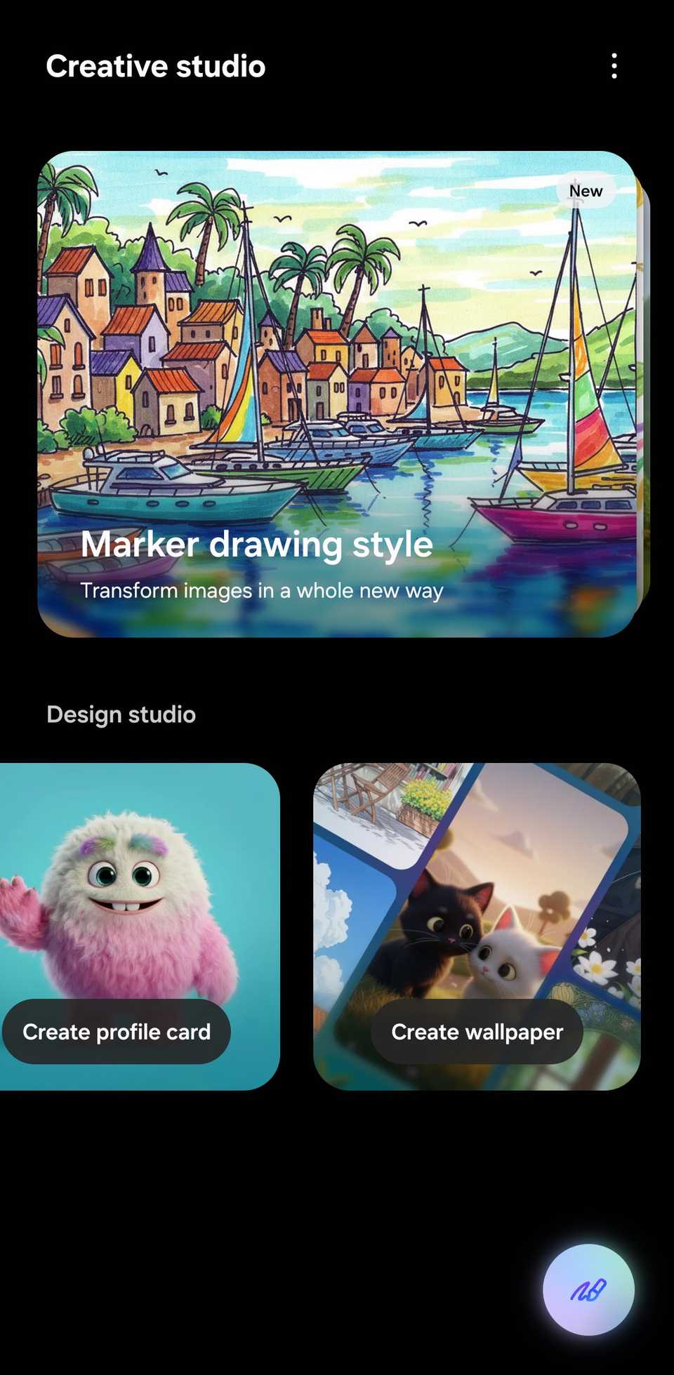 Creative Studio start page showing the 'Create wallpaper' card.
