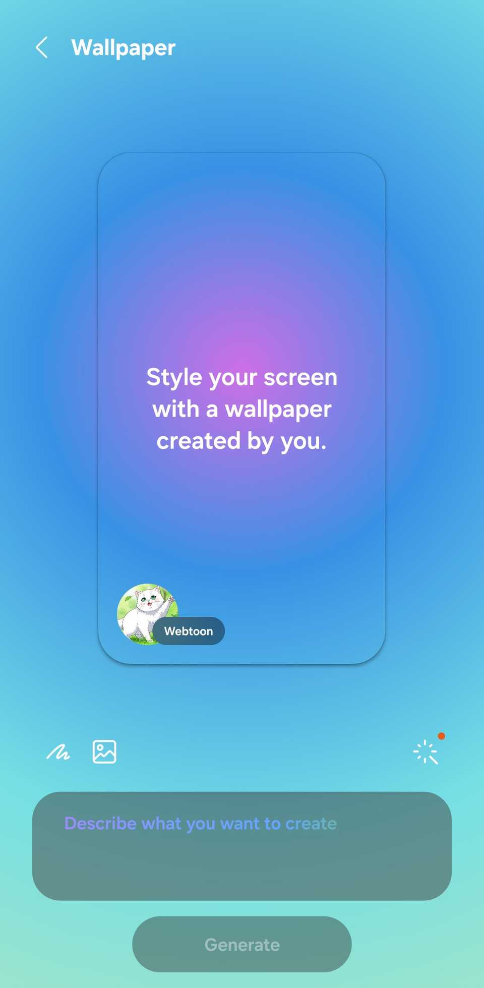 Creative Studio wallpaper creation page showing the prompt box and grayed out 'Generate' button..