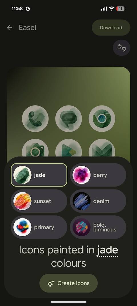 Customisation screen showing themed icons painted in jade colors with style options below 