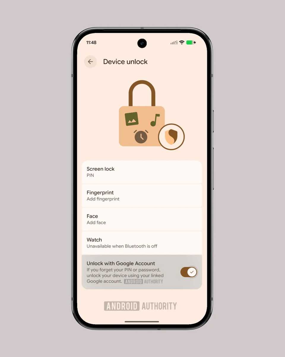 New device unlock option containing setting for unlock with Google account option enabled