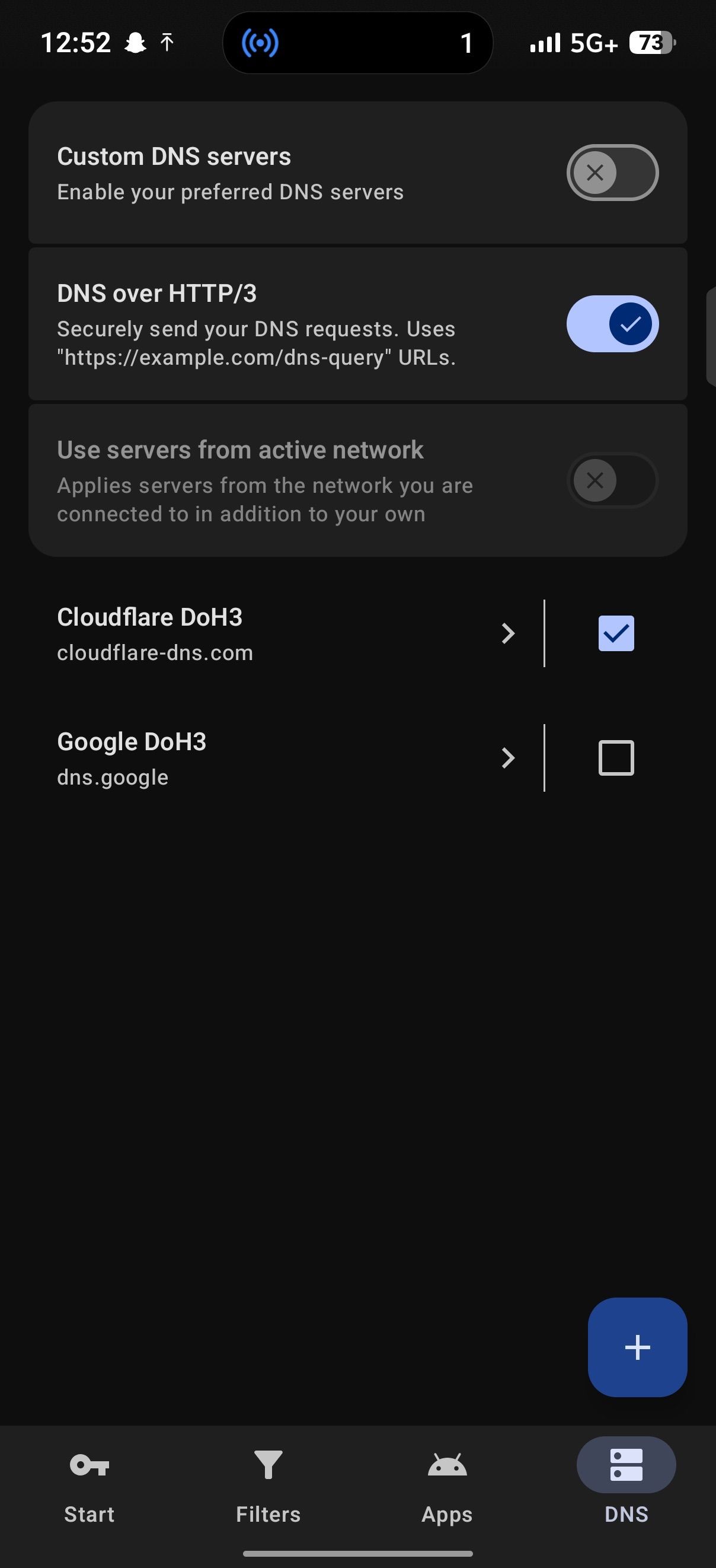 DNSNet DNS tab configured for DNS-over-HTTP/3 using Cloudflare DoH3