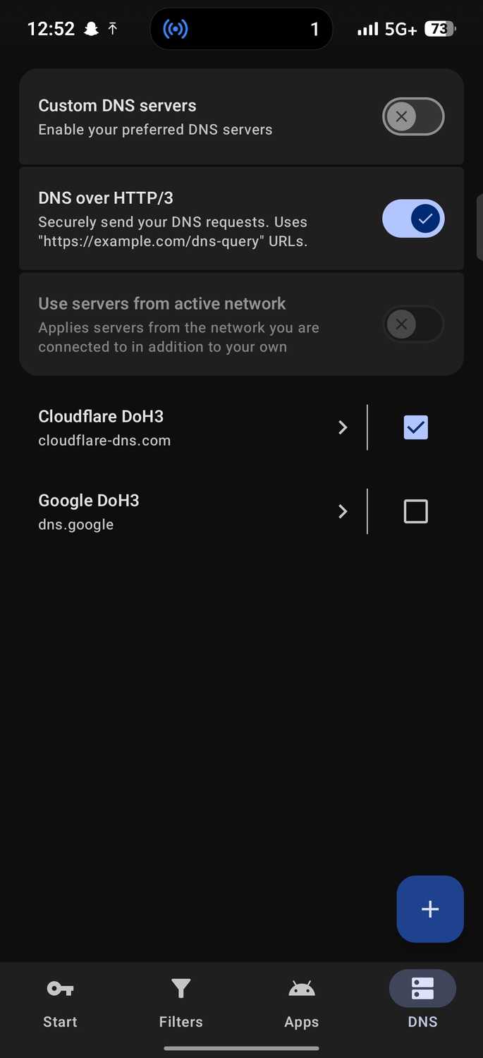 DNSNet DNS tab configured for DNS-over-HTTP/3 using Cloudflare DoH3