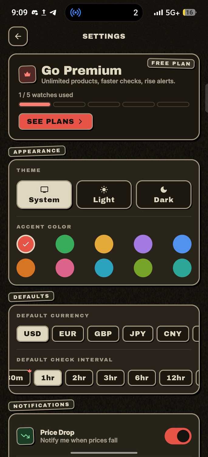 Droplert app settings menu showing theme options and more