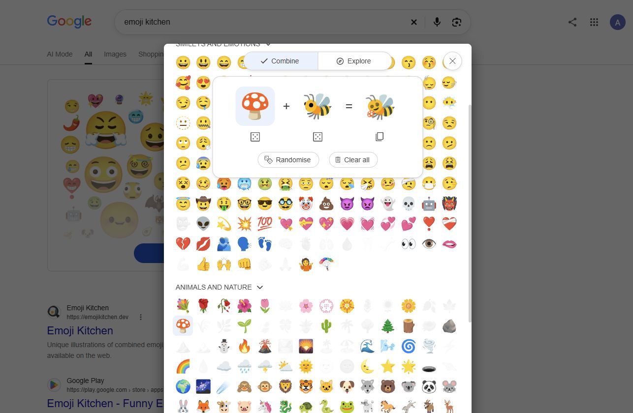 Screenshot showing emojis in Emoji kitchen on web