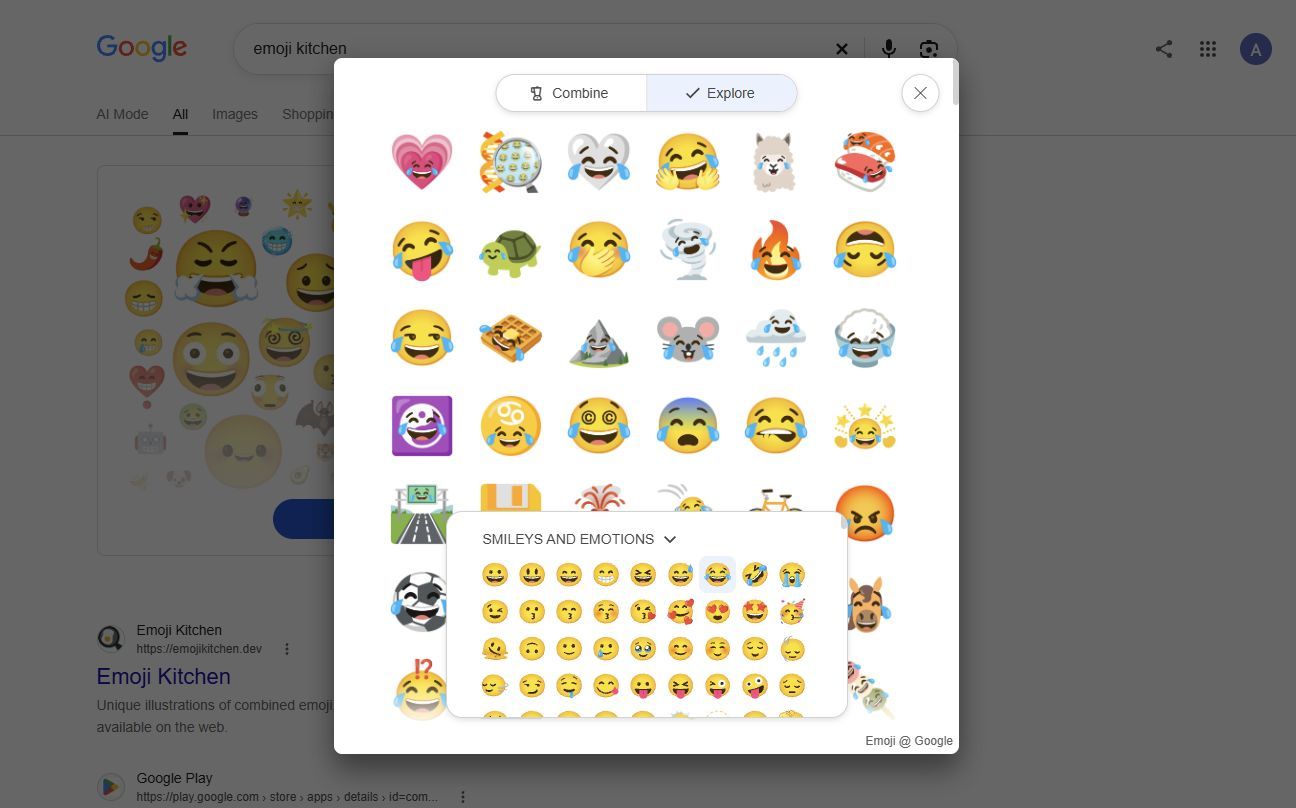 Screenshot showing sticker options in Emoji kitchen on web