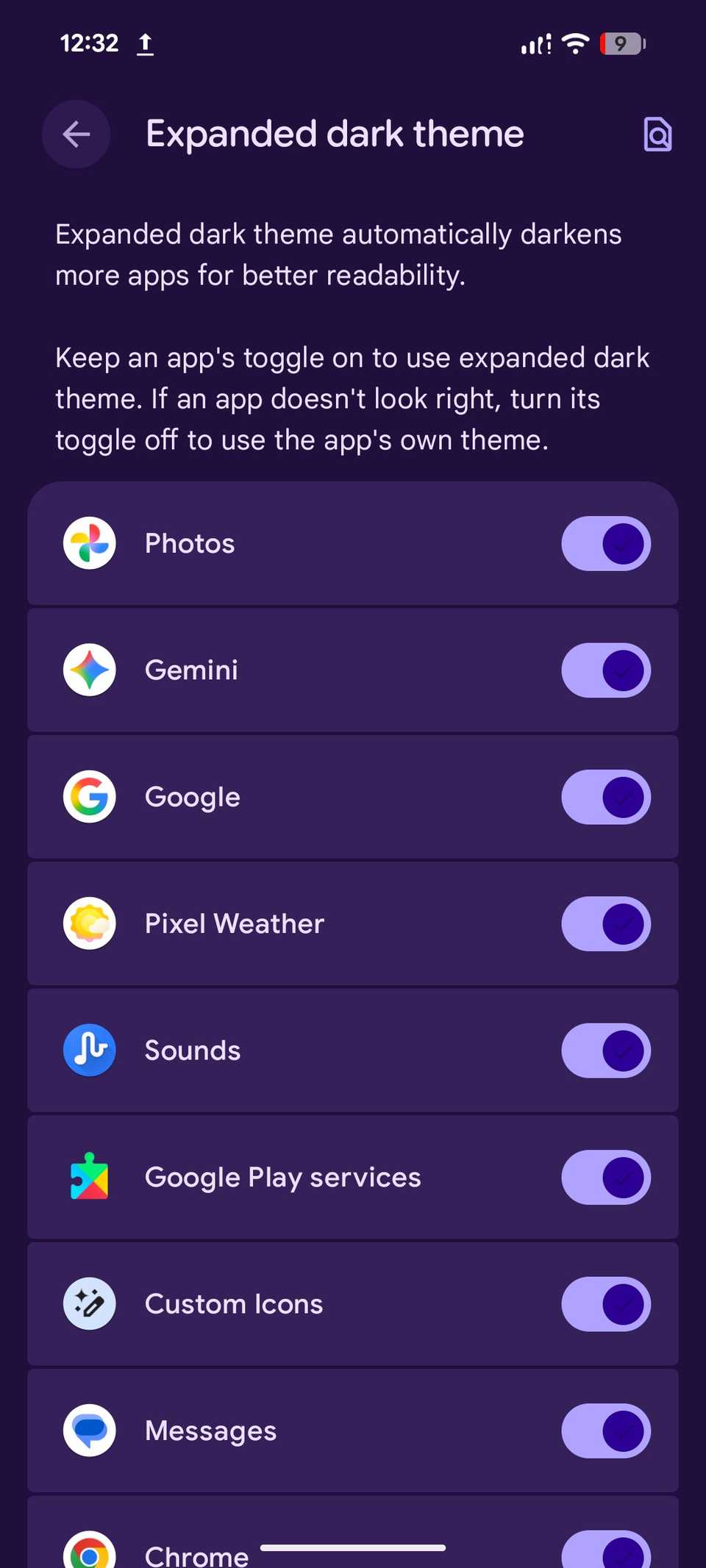 Expanded dark theme menu listing apps with toggles beside them