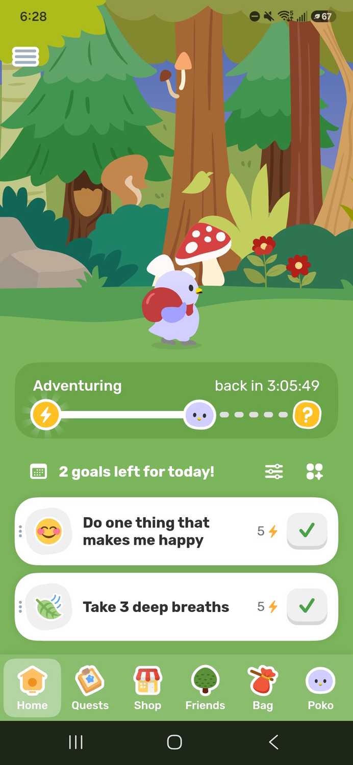 The finch health app showing the adventuring progression of your bird