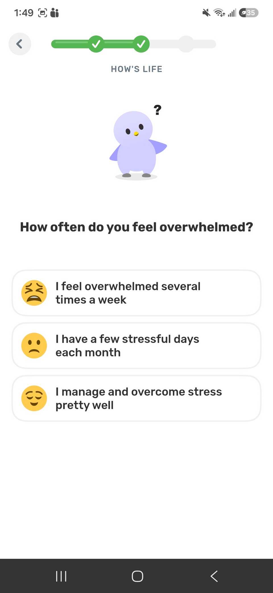 Finch health app asking me questions on how you manage your stress during initial setup