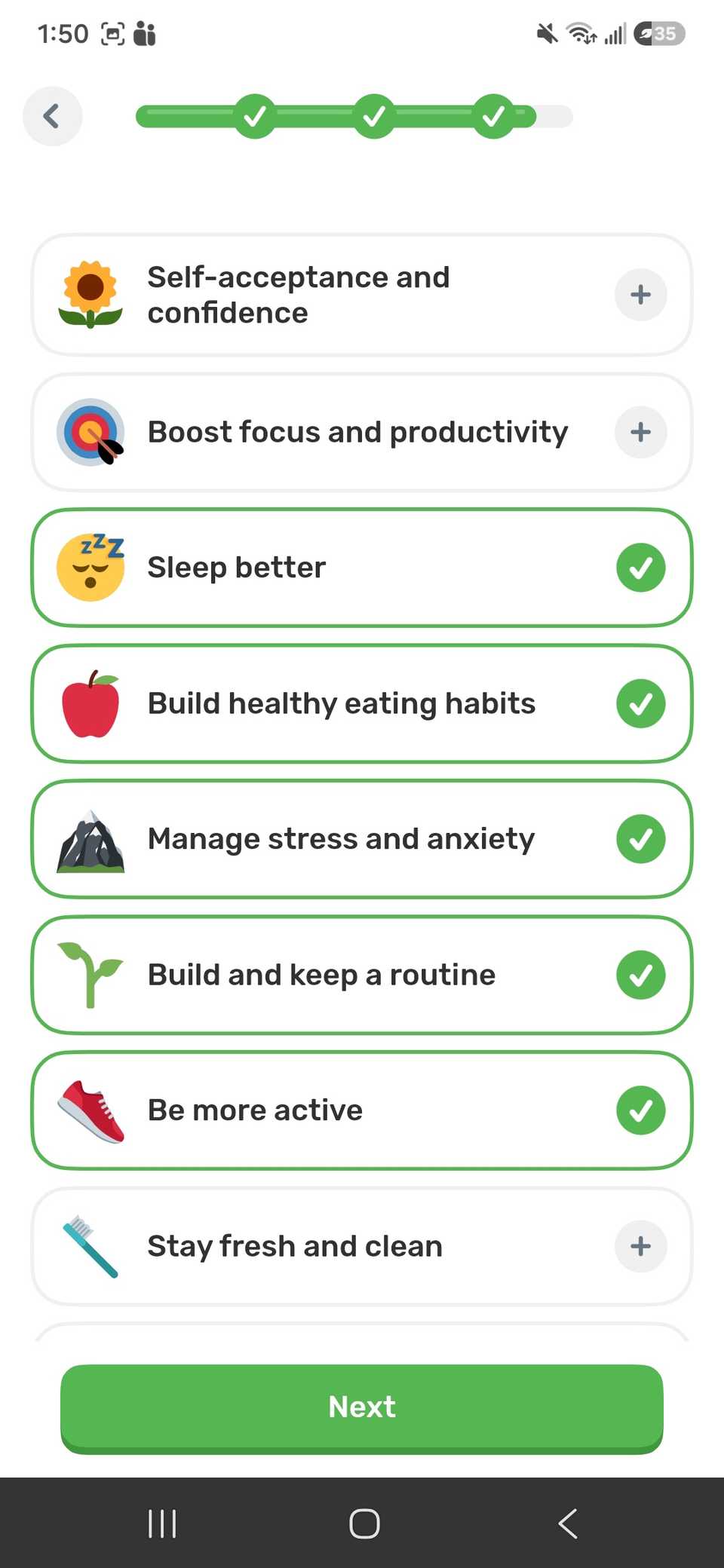 adding goals to tailor the Finch health app experience from mental and physical health goals