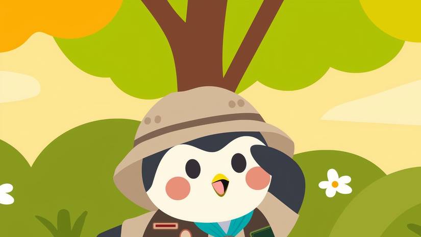 A cartoon of an adventuring finch out in the wild with a searching expression