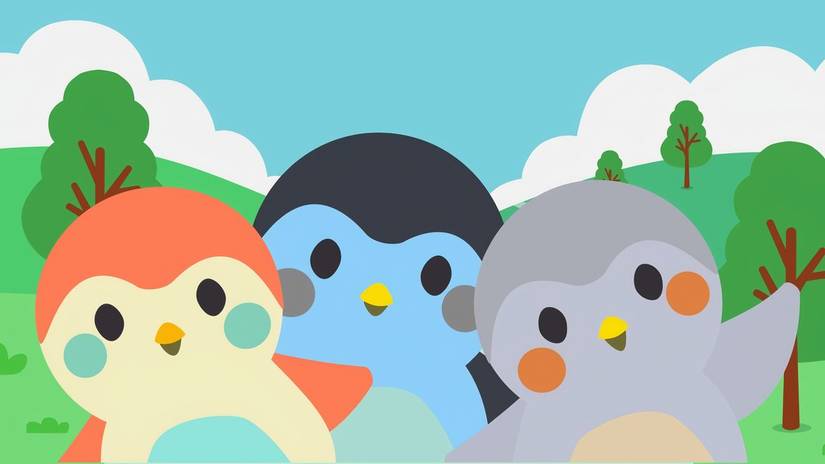 Three cartoon finches with happy expressions 