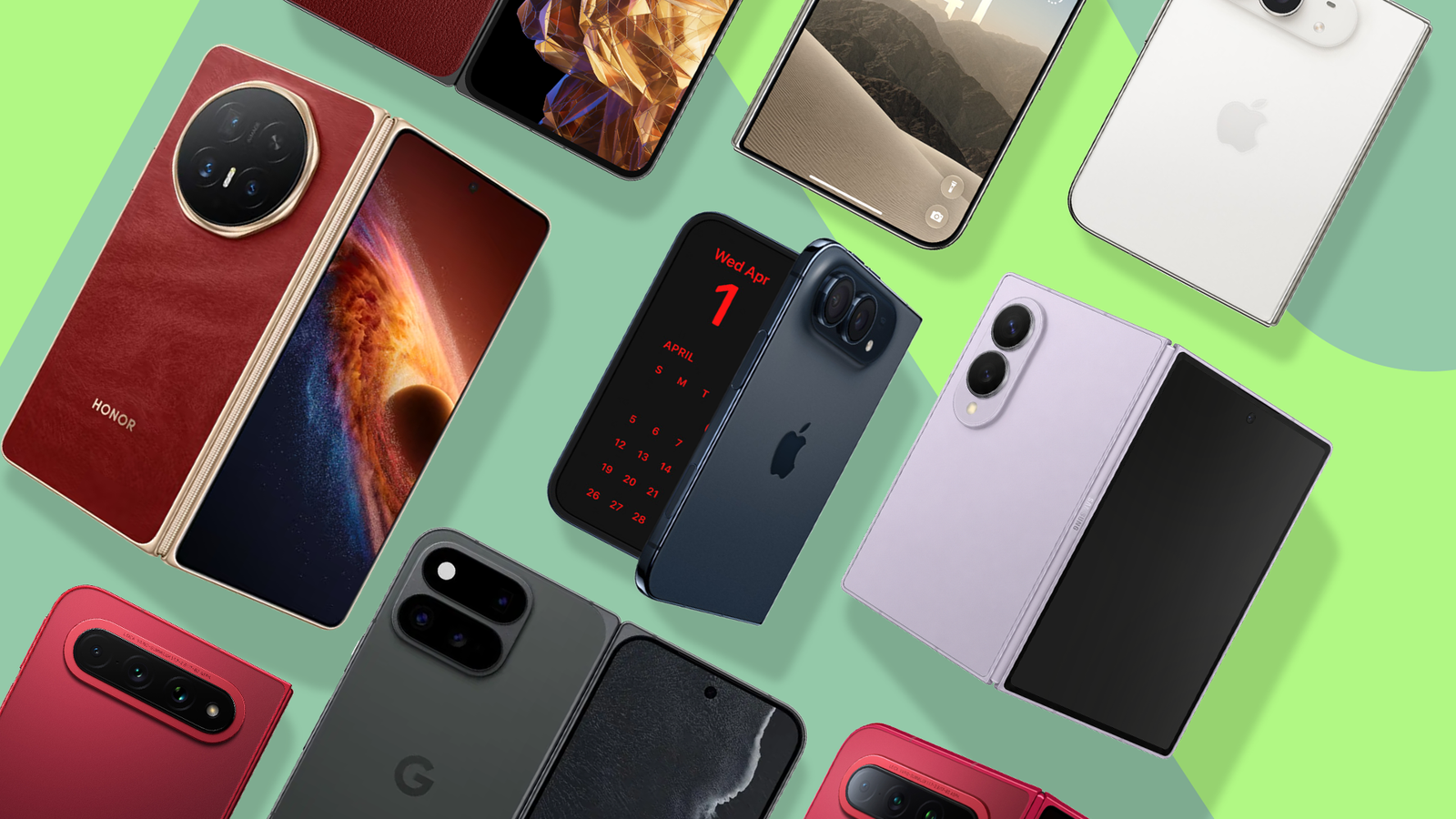 Foldable smartphones from Apple, Samsung, Google, Xiaomi, and Honor on a green background.