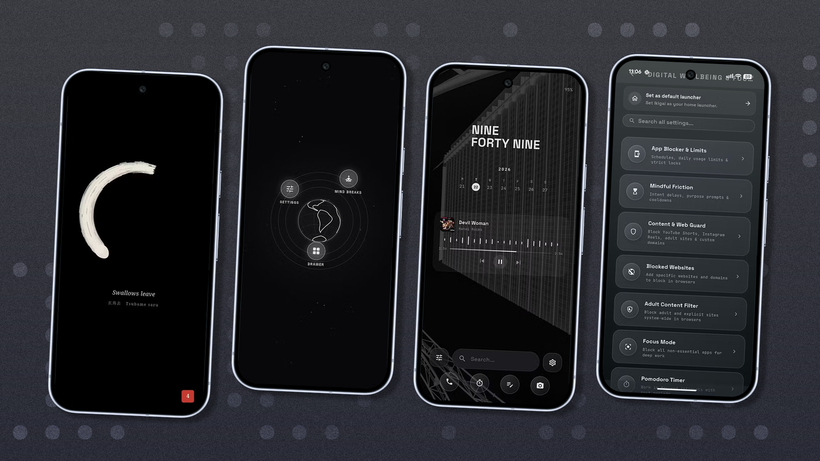 Four Android phones showing different Ikigai Launcher screens.