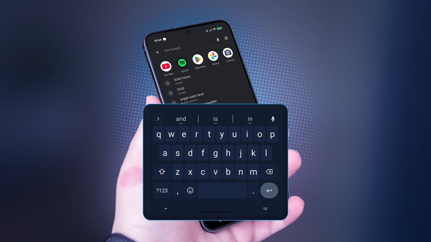 FUTO Keyboard open on an Android phone held in a hand.