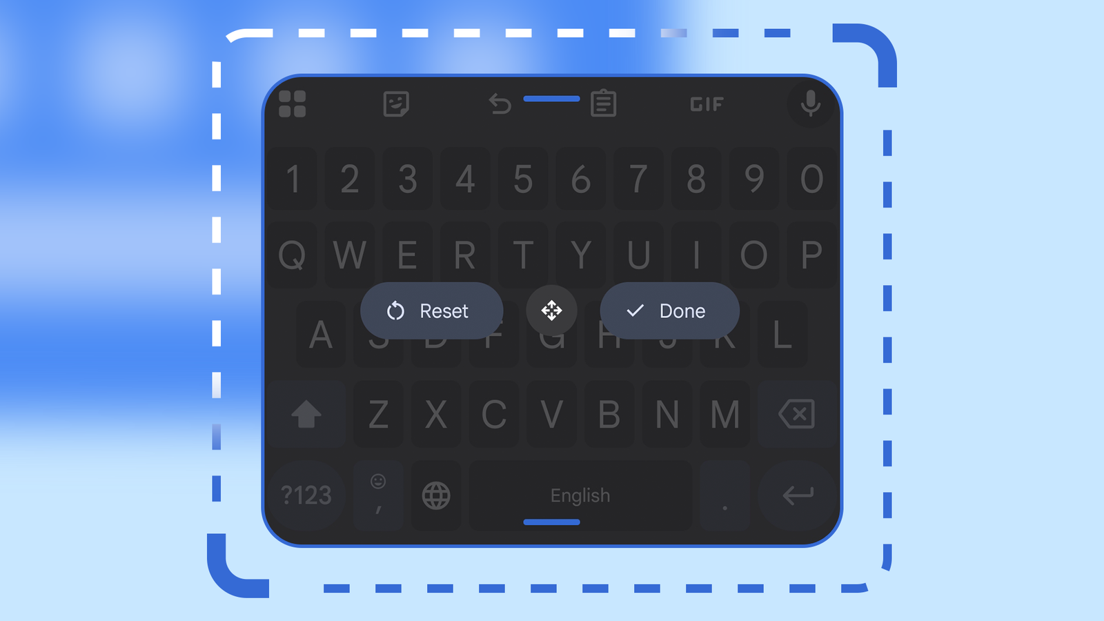 Gboard keyboard showing the Resize tool for adjusting the keyboard size.