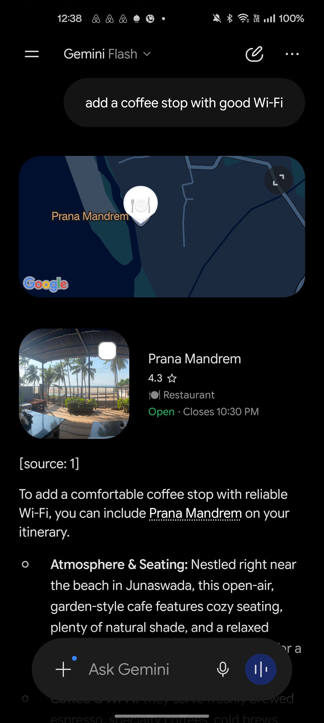 Gemini restaurant recommendation according to prompt during vacation