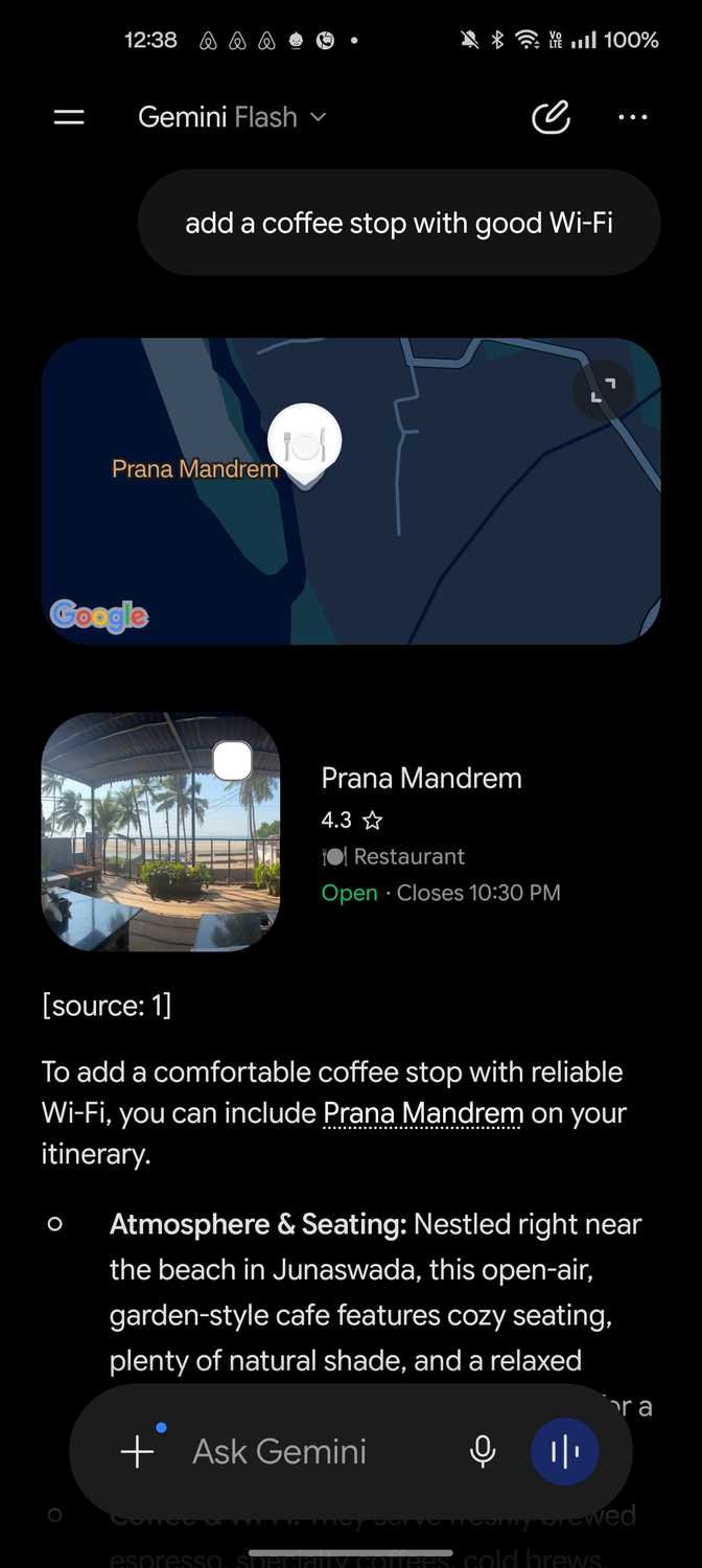 Gemini restaurant recommendation according to prompt during vacation