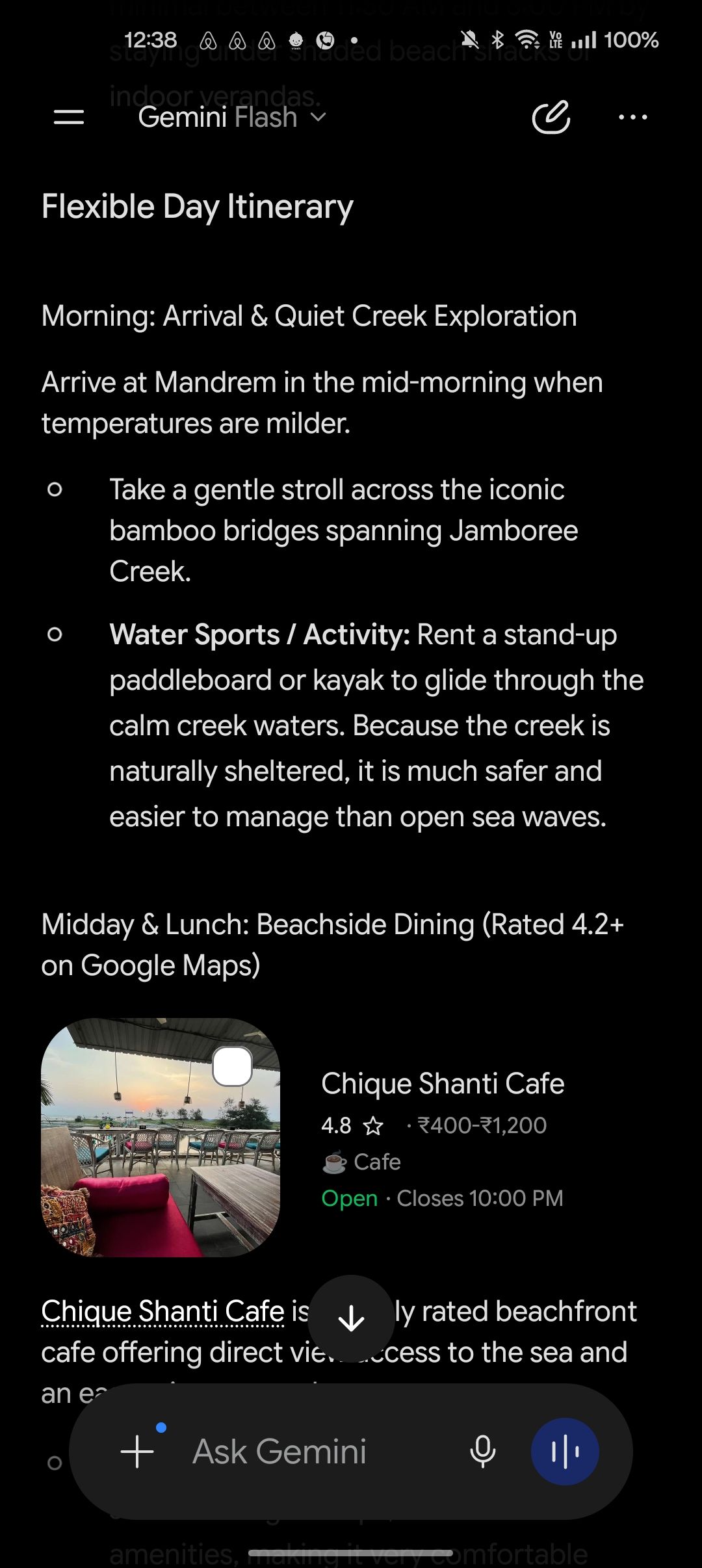 Gemini restaurant and cafe recommendation according to prompt during vacation
