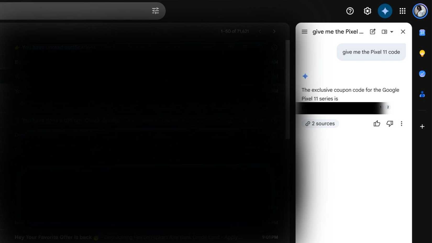Gemini in Gmail showing the exclusive code of the Pixel 11 series