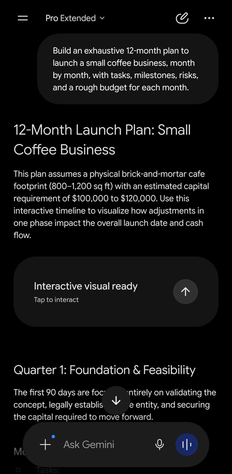 Gemini chat showing an interactive business launch planning visual following a prompt.
