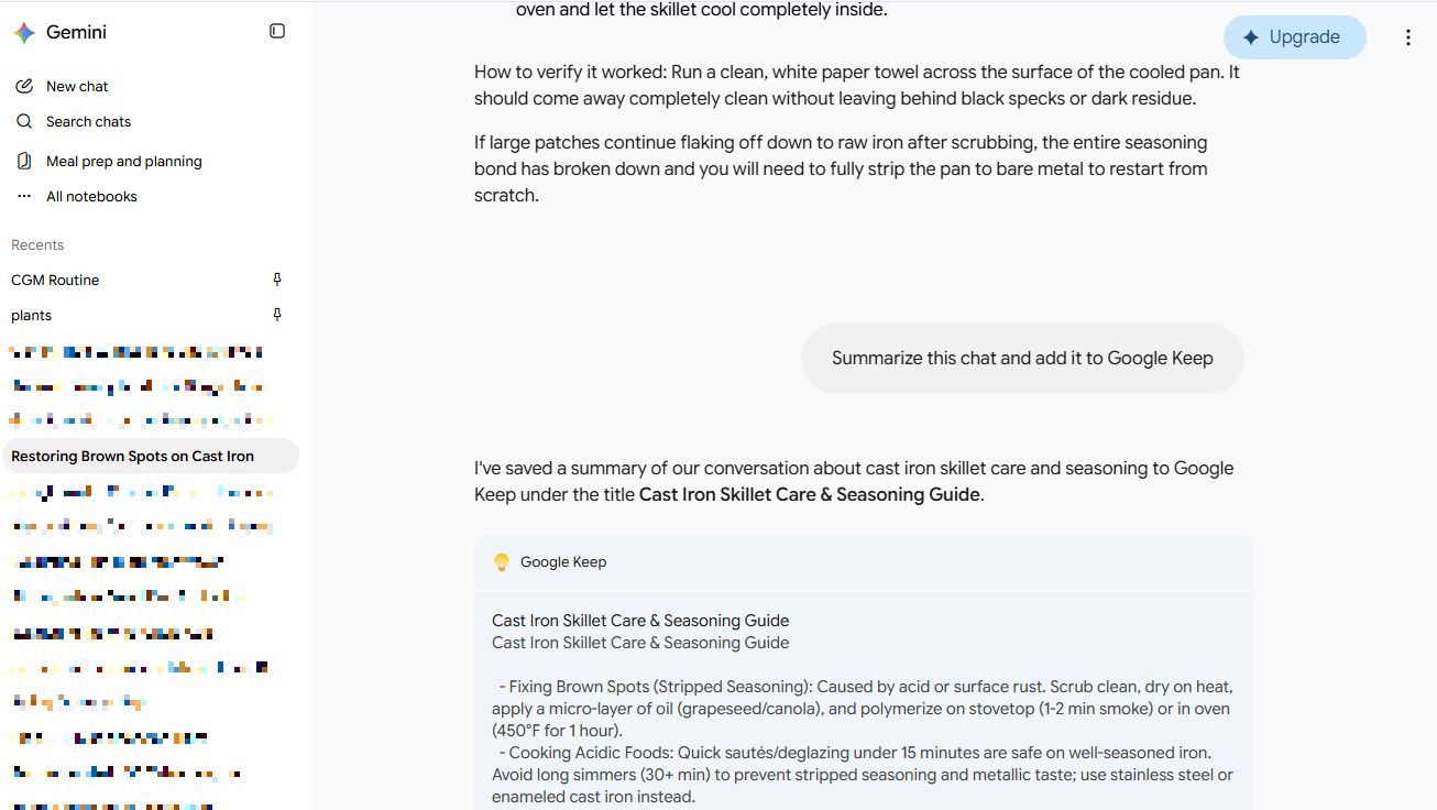 Screenshot showing how to add a note to Google Keep from Gemini