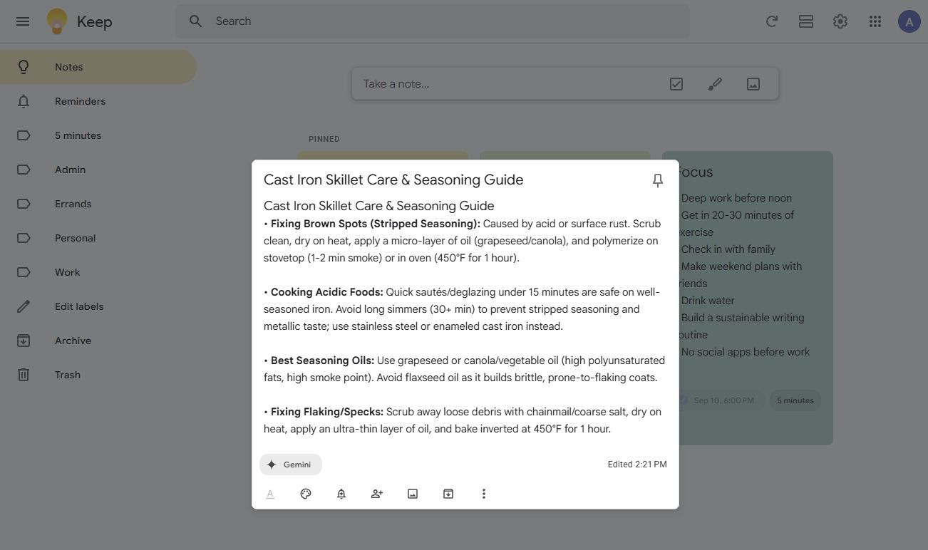 Screenshot showing a Google Keep note generated by Gemini