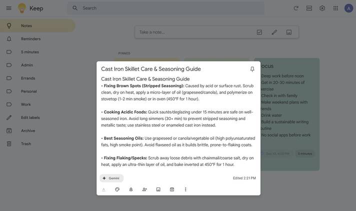 Screenshot showing a Google Keep note generated by Gemini