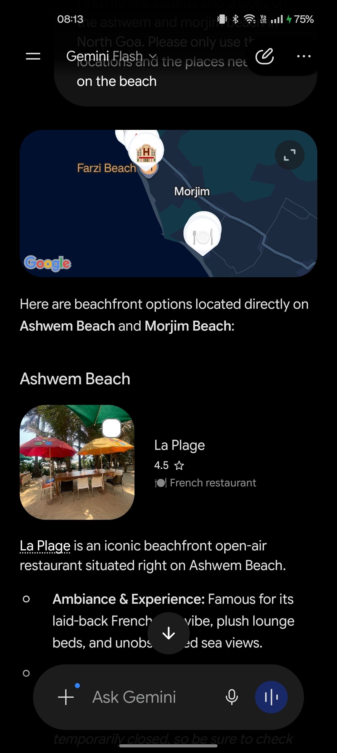 Gemini la plage restaurant alternate recommendation according to prompt during vacation