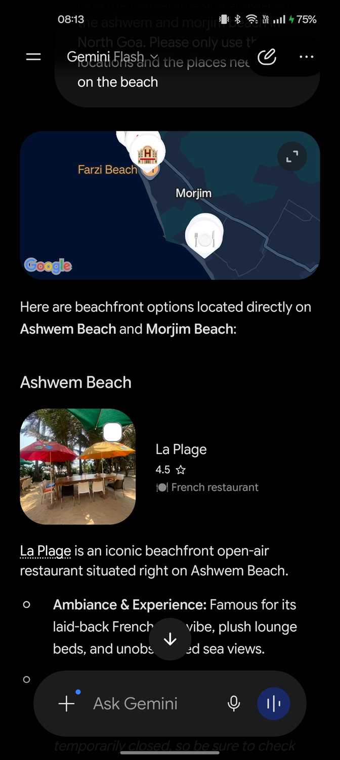 Gemini la plage restaurant alternate recommendation according to prompt during vacation