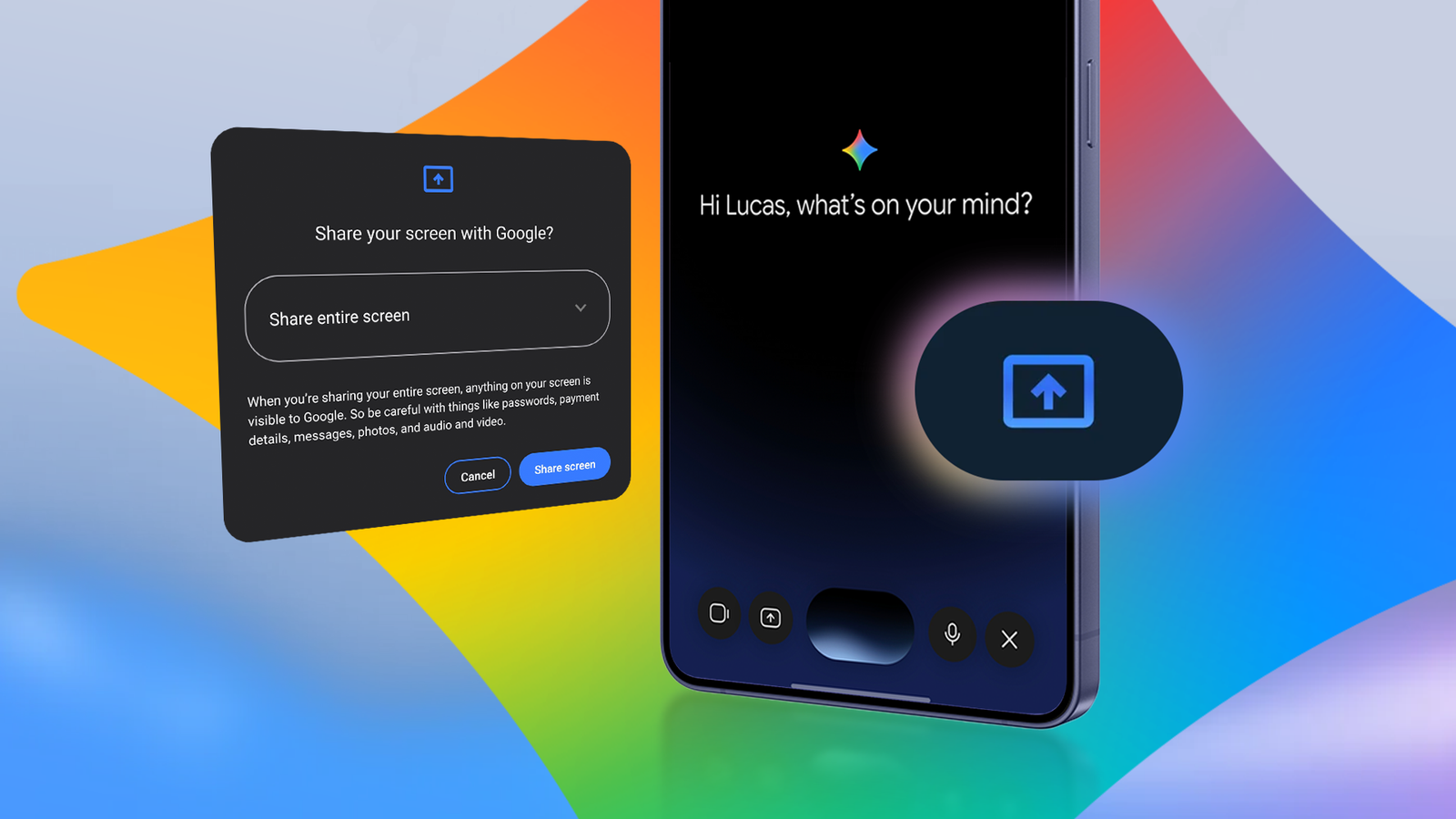 Функция Share screen with Live в Gemini меняет подход к работе с ИИ Демонстрация экрана в Gemini Live на экране смартфона