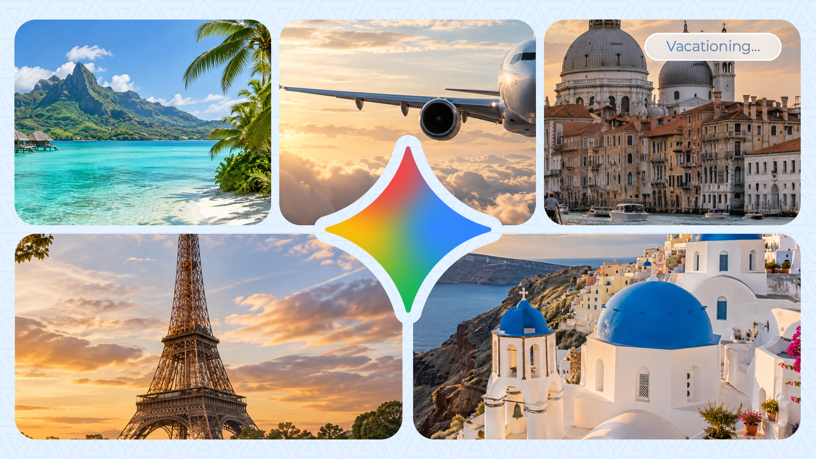 Gemini logo surrounded by vacation destinations and an airplane.
