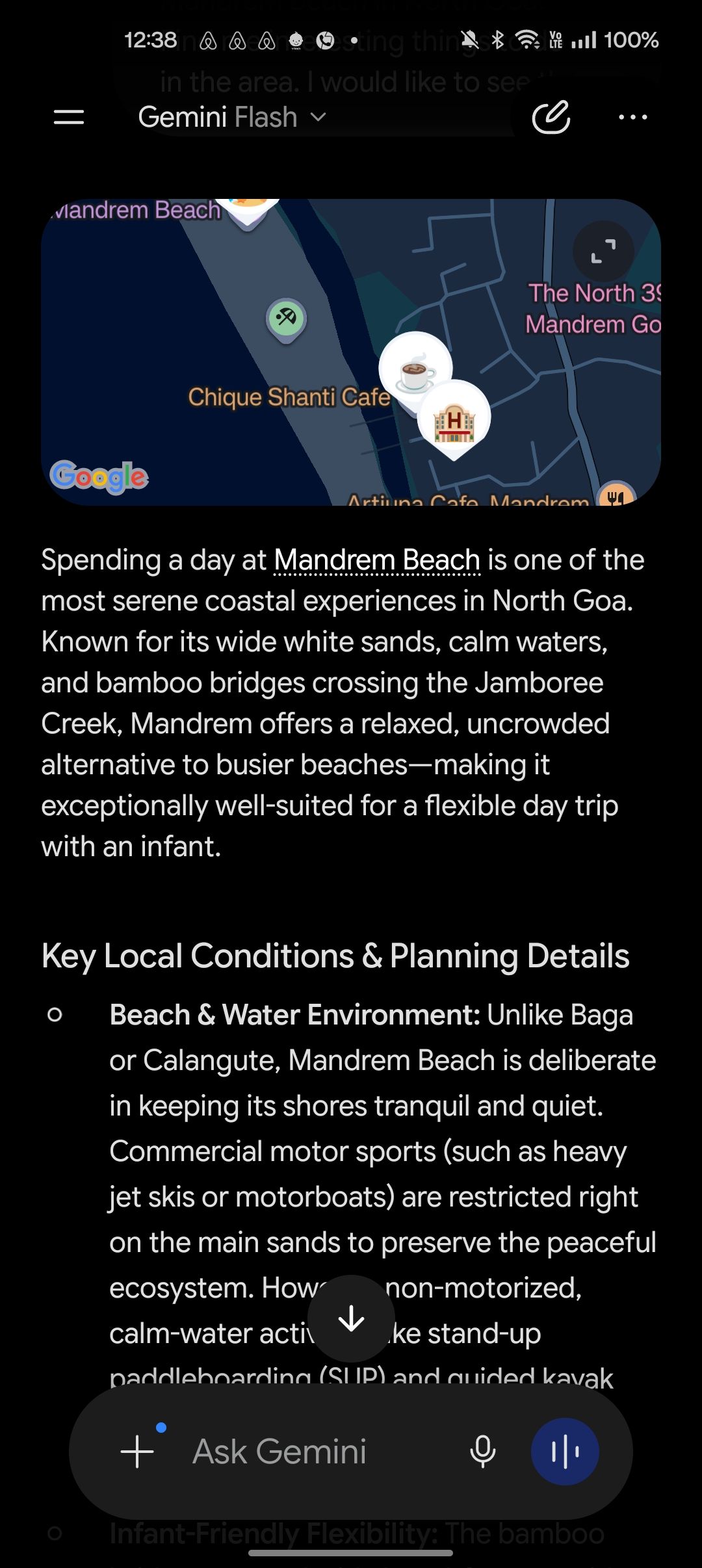 Gemini giving an itinerary according to prompt during vacation