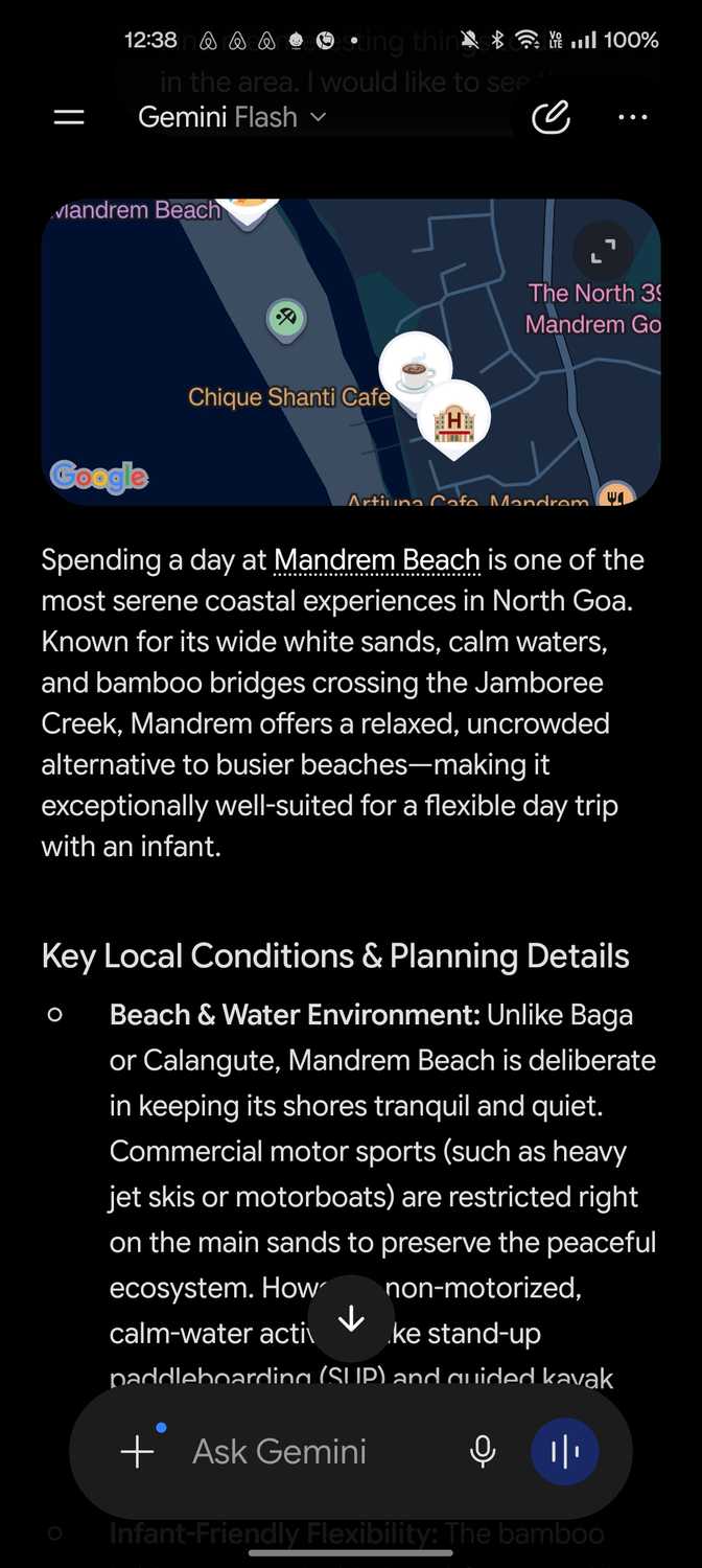 Gemini giving an itinerary according to prompt during vacation