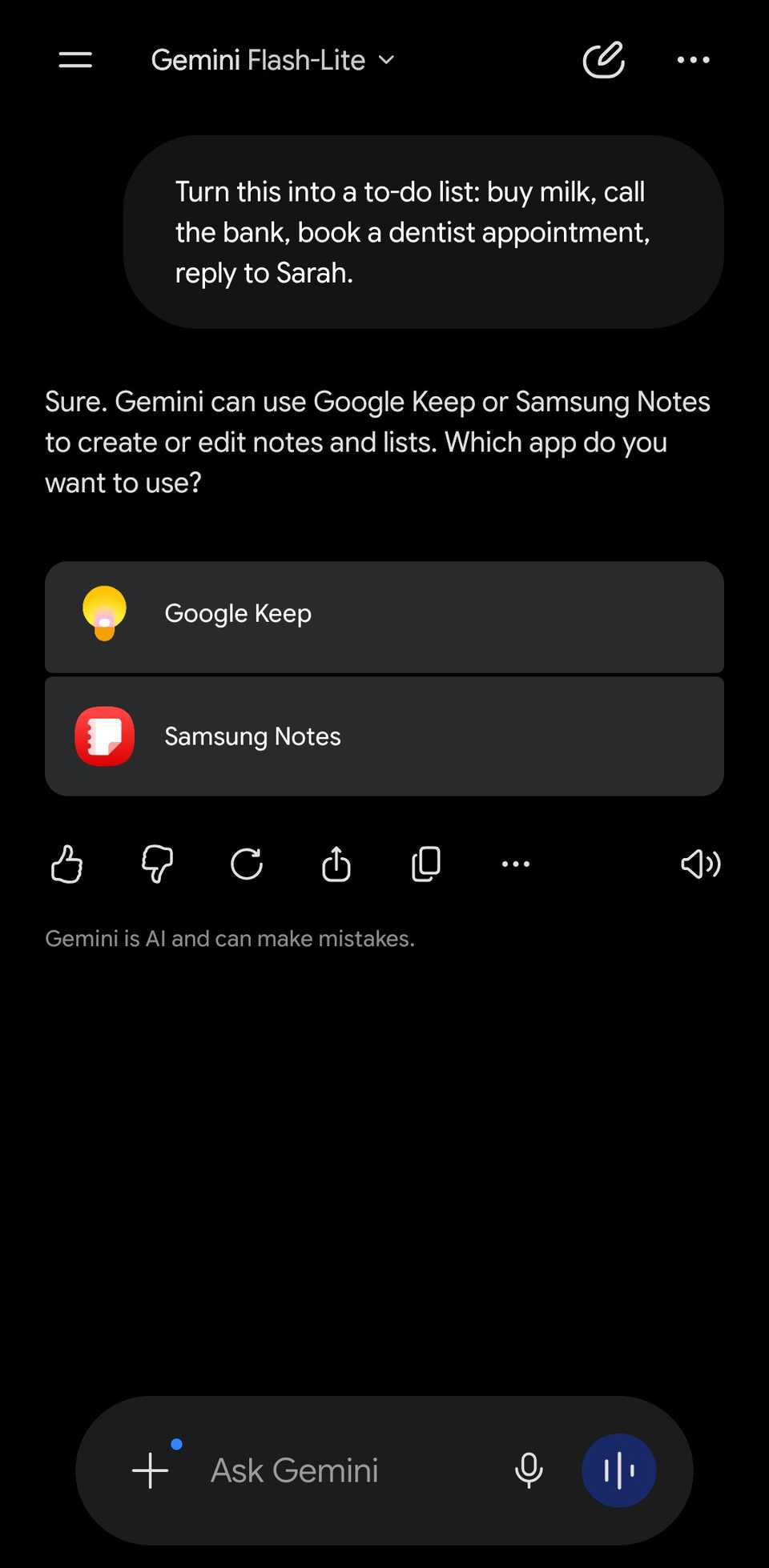 Gemini chat asking the user to select a preferred notes app following a note-creation prompt.