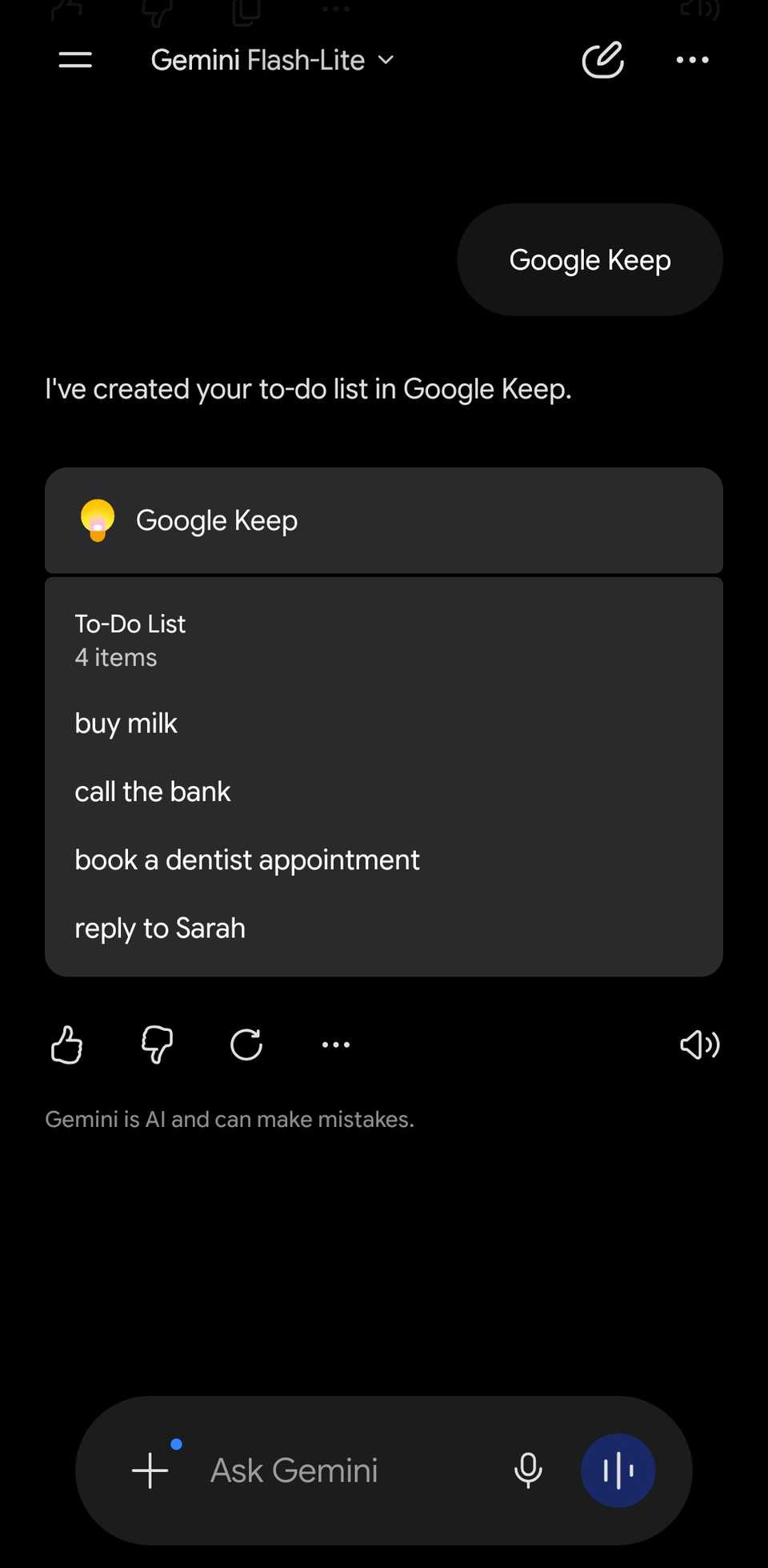 Gemini chat showing a note created directly inside Keep following a prompt.