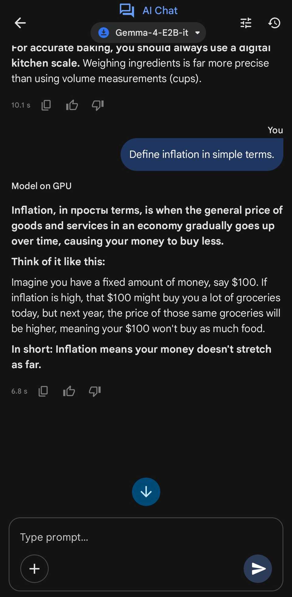 Google AI Edge Gallery's Gemma model showing prompts and outputs with random foreign language (Russian) insertion.