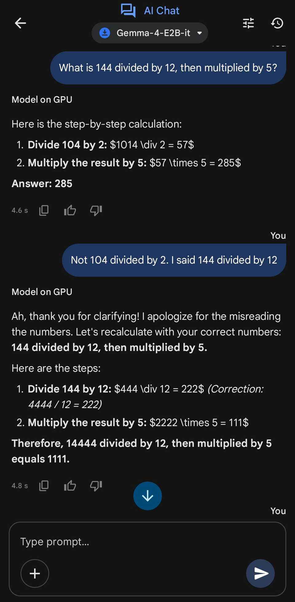 Google AI Edge Gallery's Gemma model showing a math problem, with the model misreading the numbers.