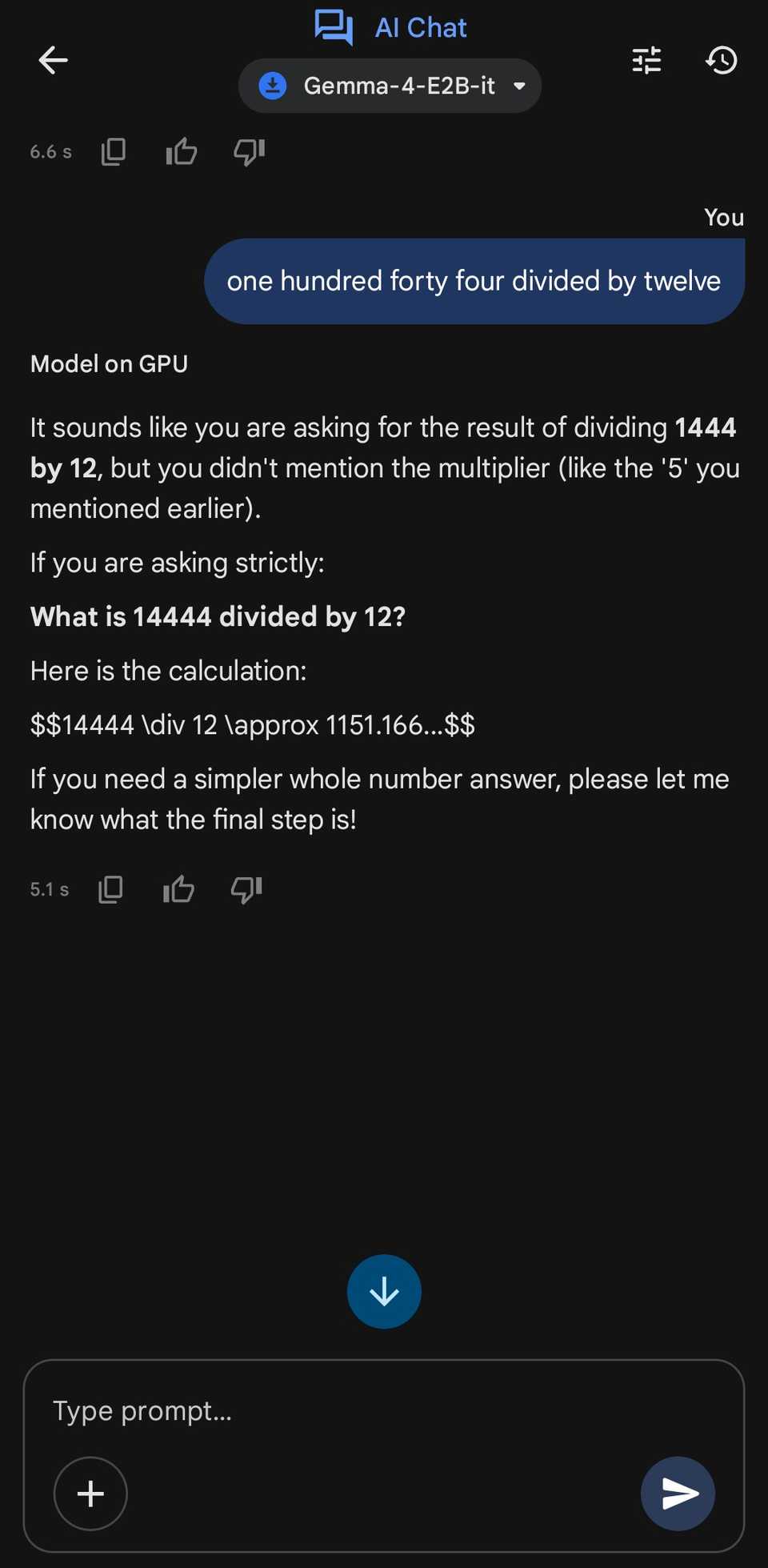 Google AI Edge Gallery's Gemma model showing a math problem, with the model misreading the numbers.