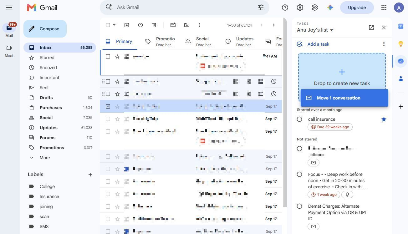 Панель задач в веб-интерфейсе Gmail