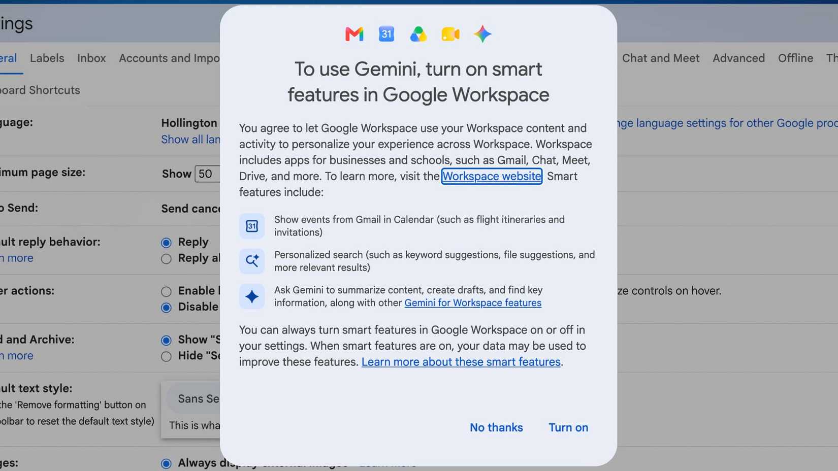 Gmail on desktop showing prompt to opt in to Gemini smart features in Google Workspace
