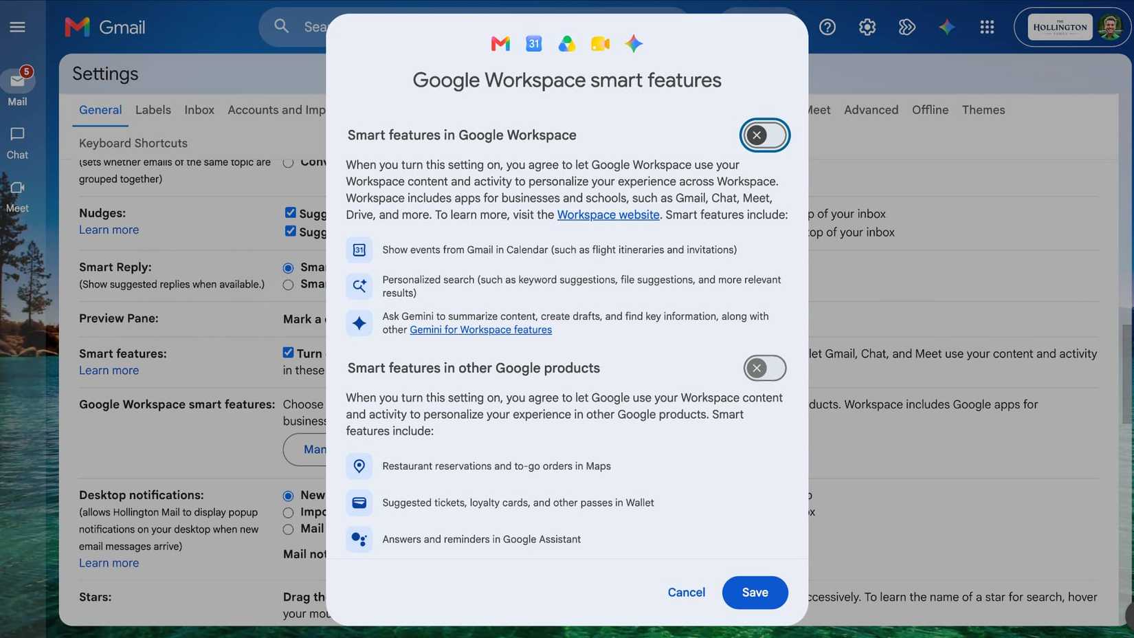 Gmail desktop web UI showing Google Worksapce smart features settings