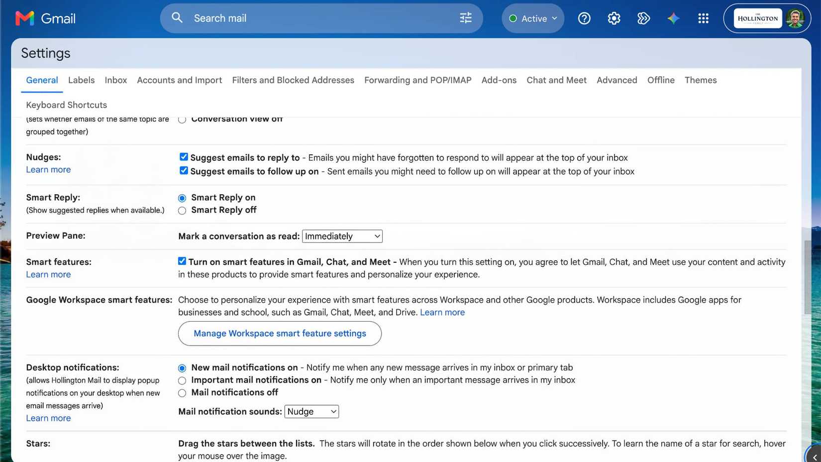 Gmail desktop web UI showing smart feature settings