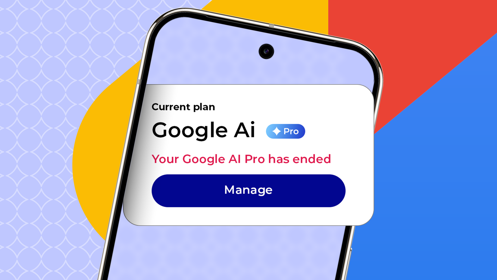 GoogleAI Pro plan shown as ended on a smartphone screen.