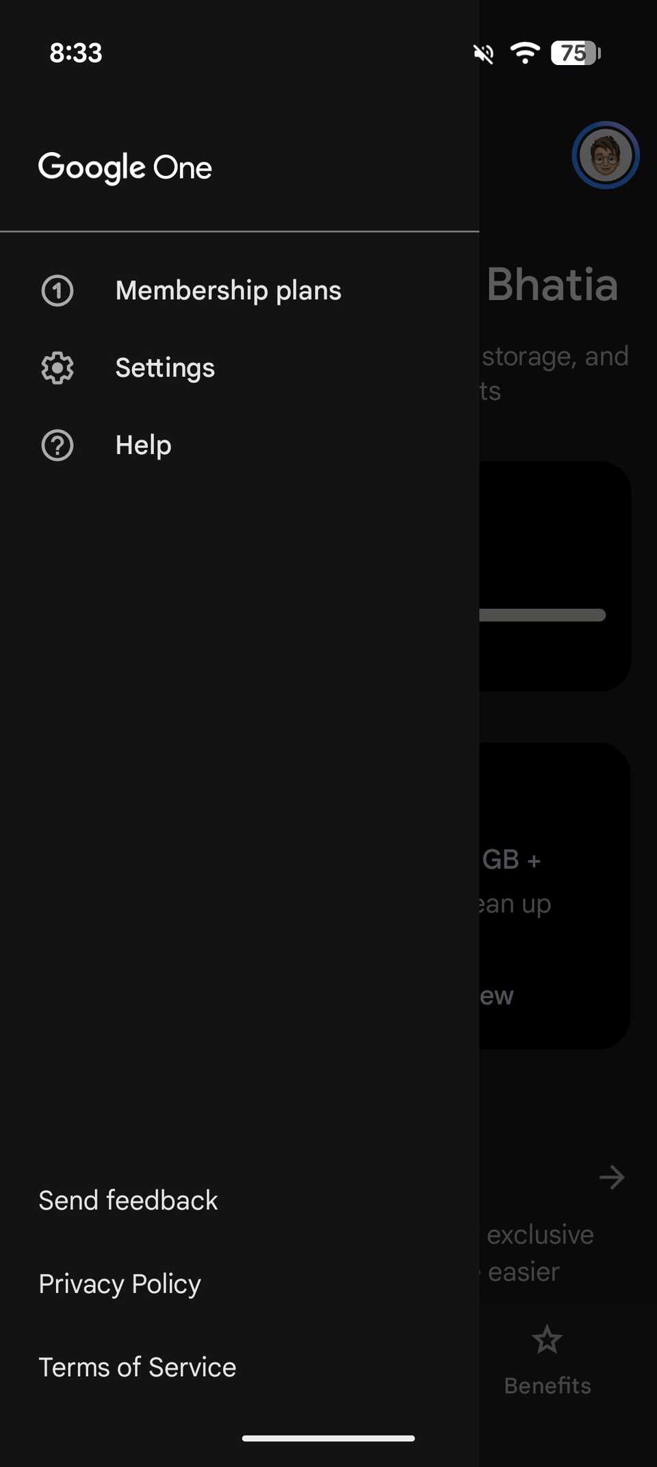 Google One app side navigation menu open, showing options for Membership plans, Settings, and Help