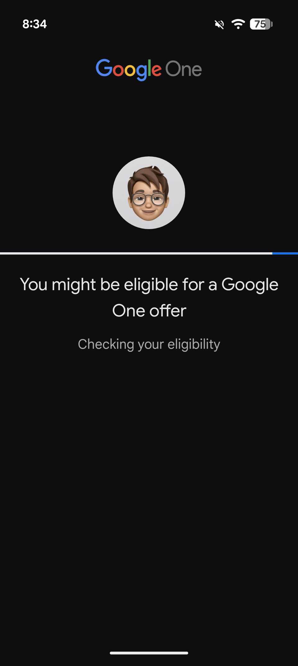 Google One app splash screen reading "Checking your eligibility" with an animated progress bar checking for device offer eligibility