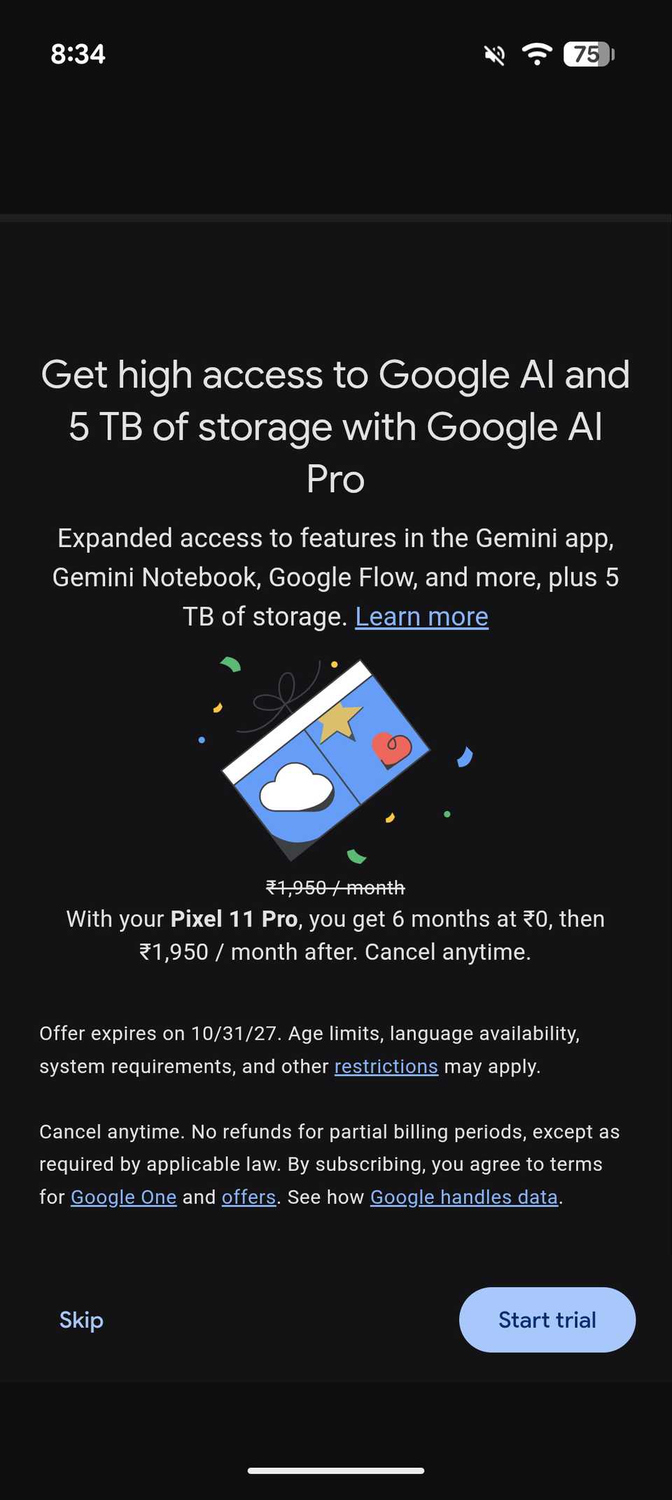 Redeeming a 6-month free Google AI Pro trial with 5 TB cloud storage on Google Pixel 11 Pro