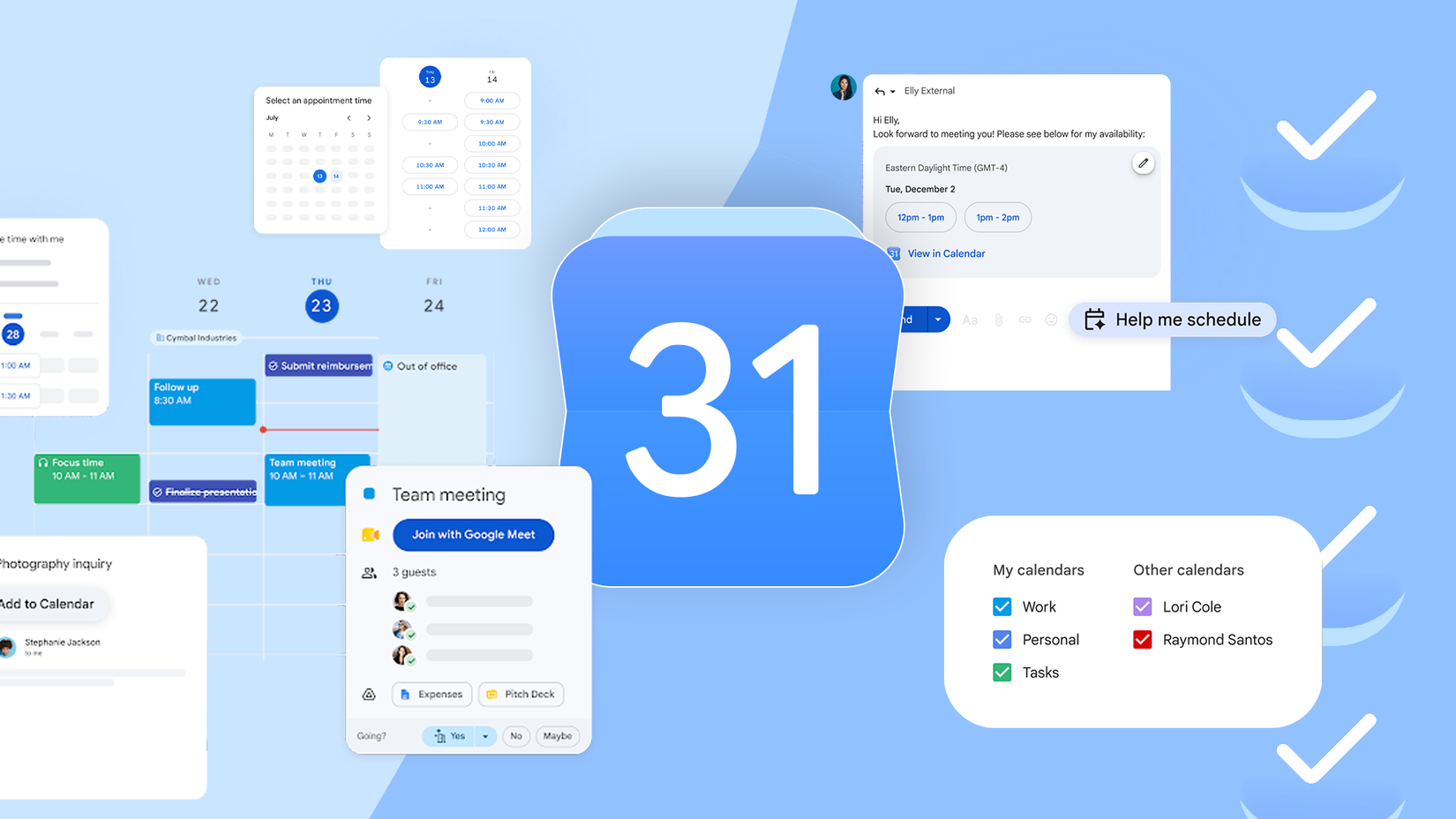 Google Calendar logo surrounded by scheduling, tasks, and calendar management features
