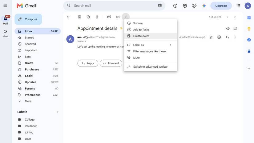Screenshot showing the Create event option in Google Calendar