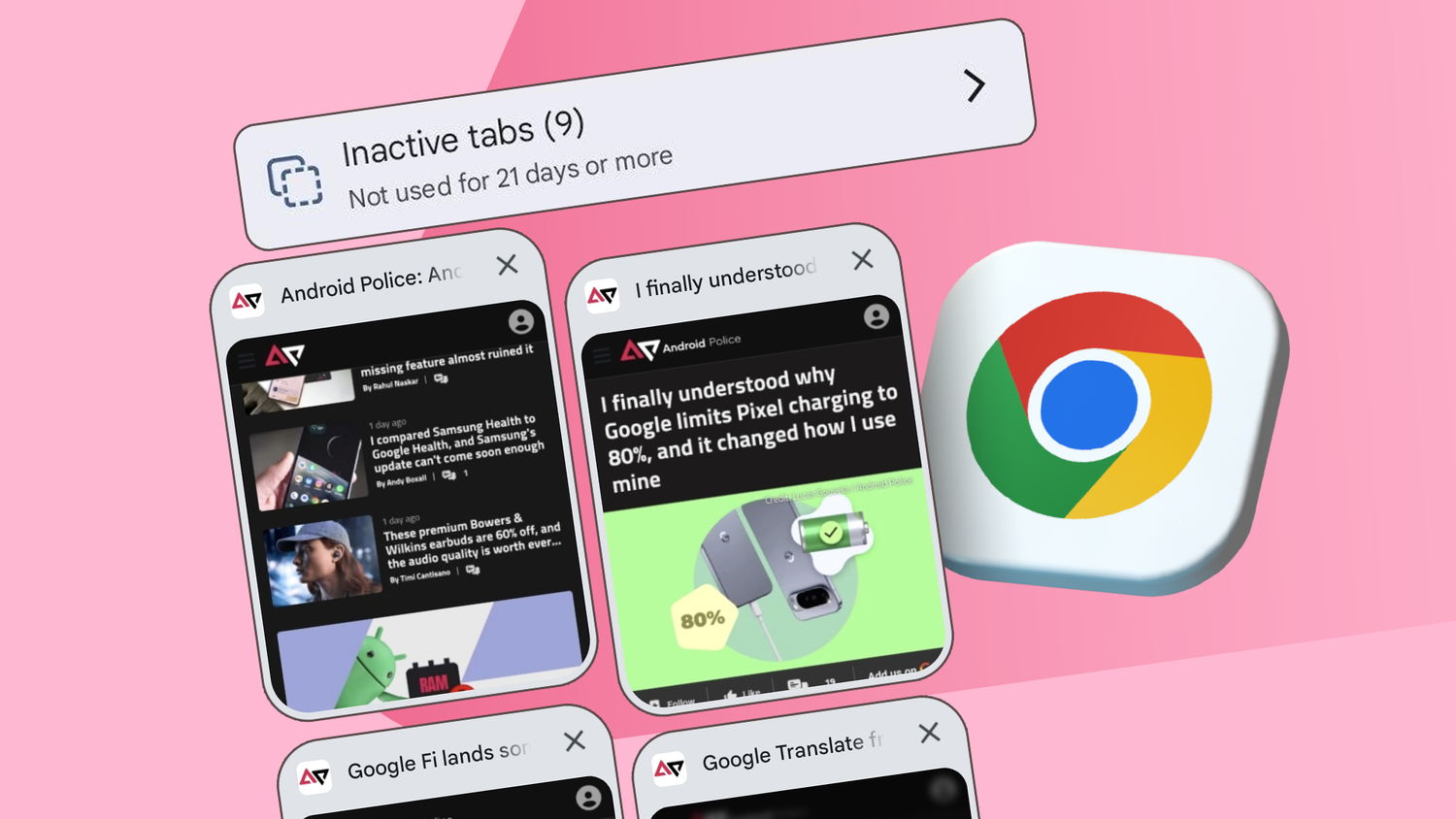 Google Chrome showing several open tabs and the Inactive tabs section.