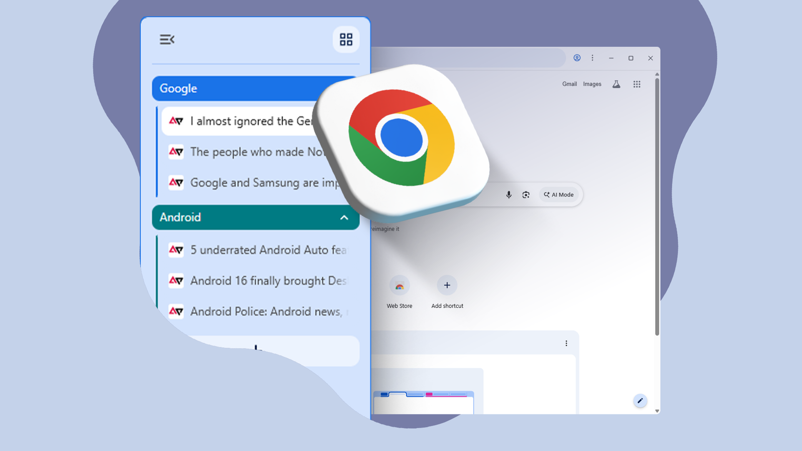 Google Chrome window with vertical tabs and a large Chrome logo in the center.